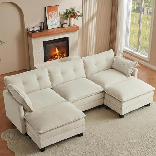 Amsleekey Modular Sectional Sofa, 111.5" U-Shaped Corduroy Comfy Sectional Couches for Living Room, 3-Seater Cloud Couches with 2 Movable Ottomans, Flexible Combination Modern Deep Seat Sofa (Beige) | Amazon (US)