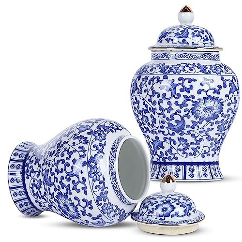 Chinoiserie Ginger Jar 2pcs Set - Chinese Blue and White Porcelain Home Decorative Storage Jar with Lid(Branches set) | Amazon (US)