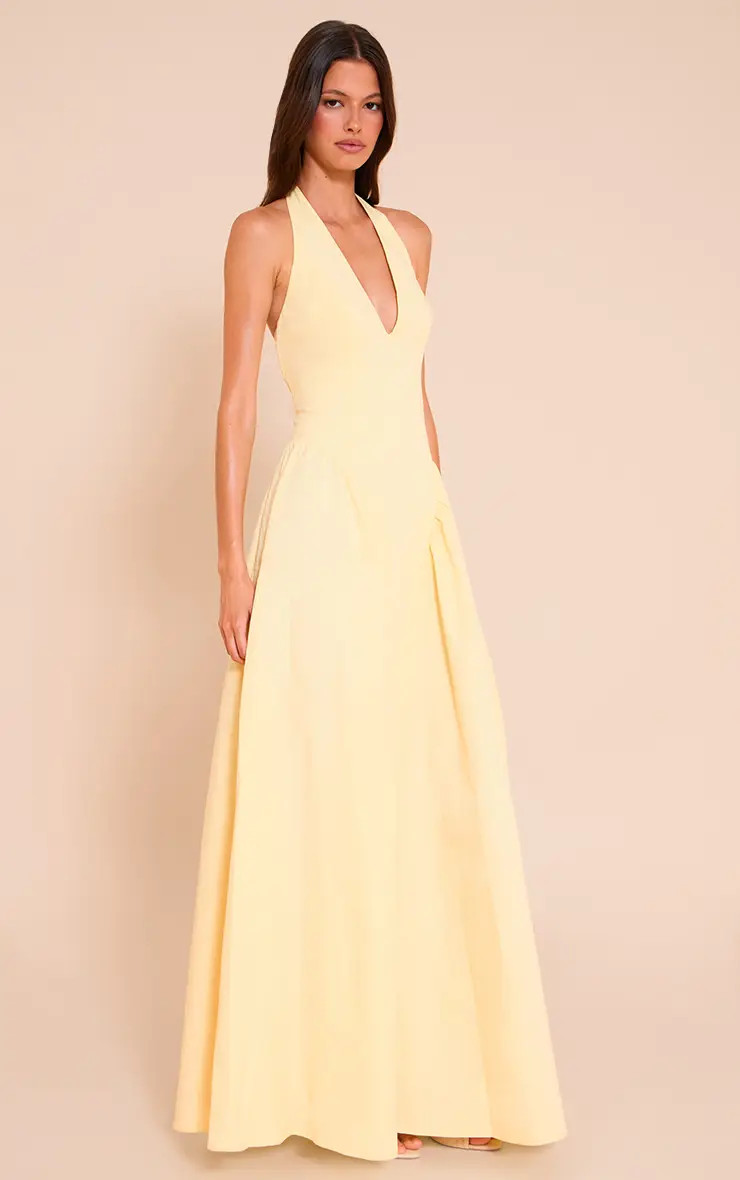 Lemon Woven Halterneck Plunge Midaxi Dress | PrettyLittleThing UK