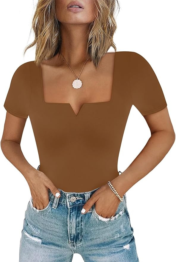 Chunpin Women's Square Neck Notch V Neck Bodysuit Short Sleeve Long Sleeve Tops Outfits Thong Bod... | Amazon (US)