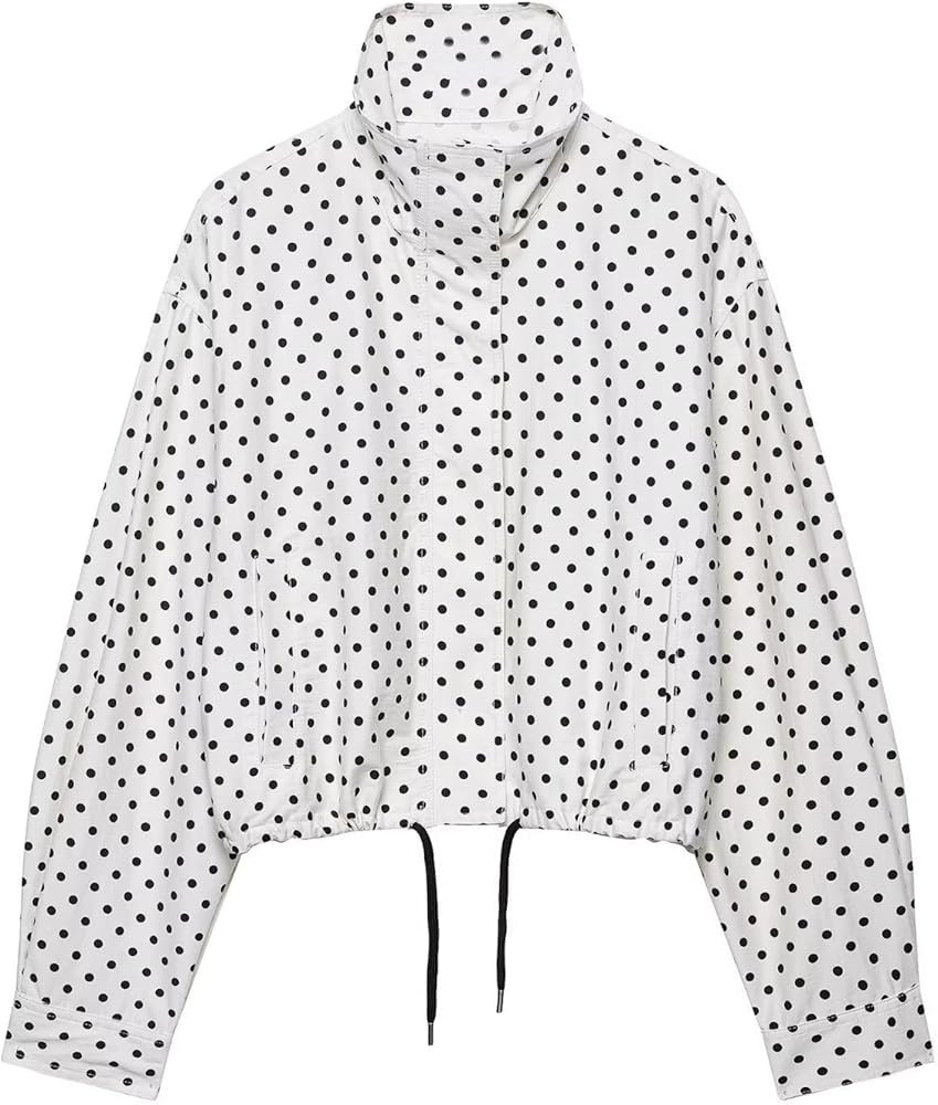 Xunger Women’s Polka Dot Jacket High Neck Long Sleeve Drawstring Hem Casual Trendy Cropped Coat... | Amazon (US)