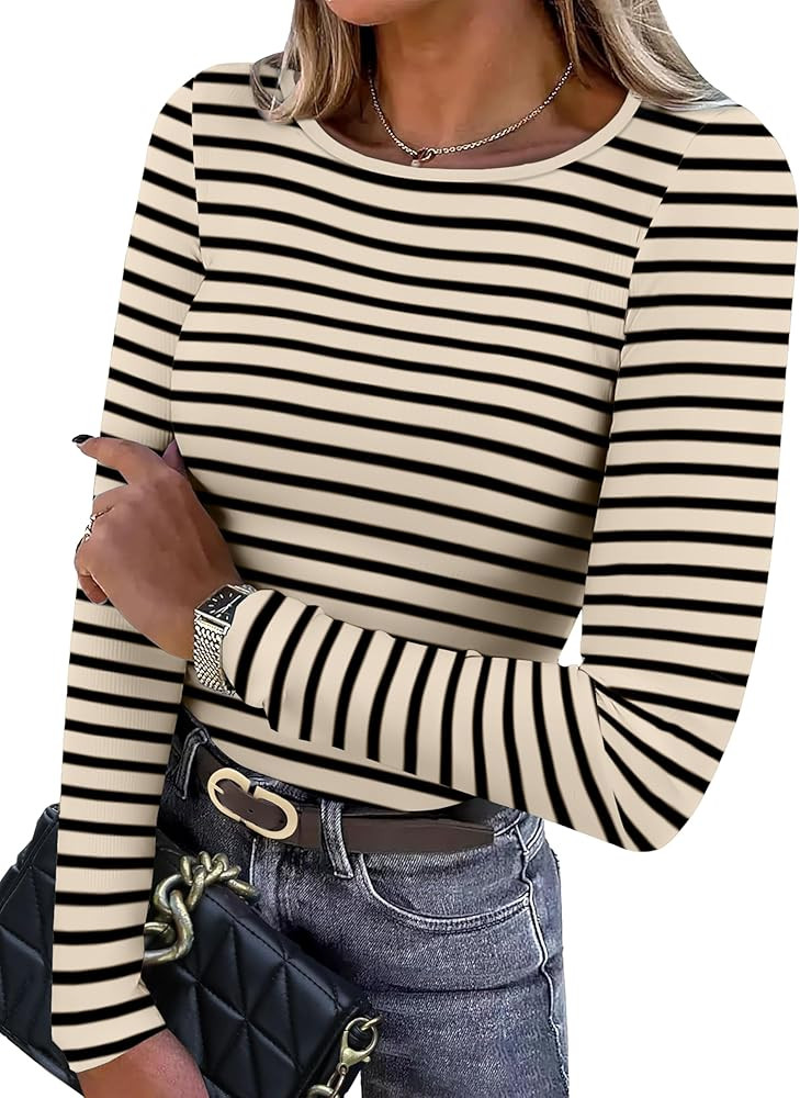 WIHOLL Women's Knit Ribbed Long Sleeve Shirts 2024 Fall Casual Crewneck Tops Slim Fitted Basic Te... | Amazon (US)