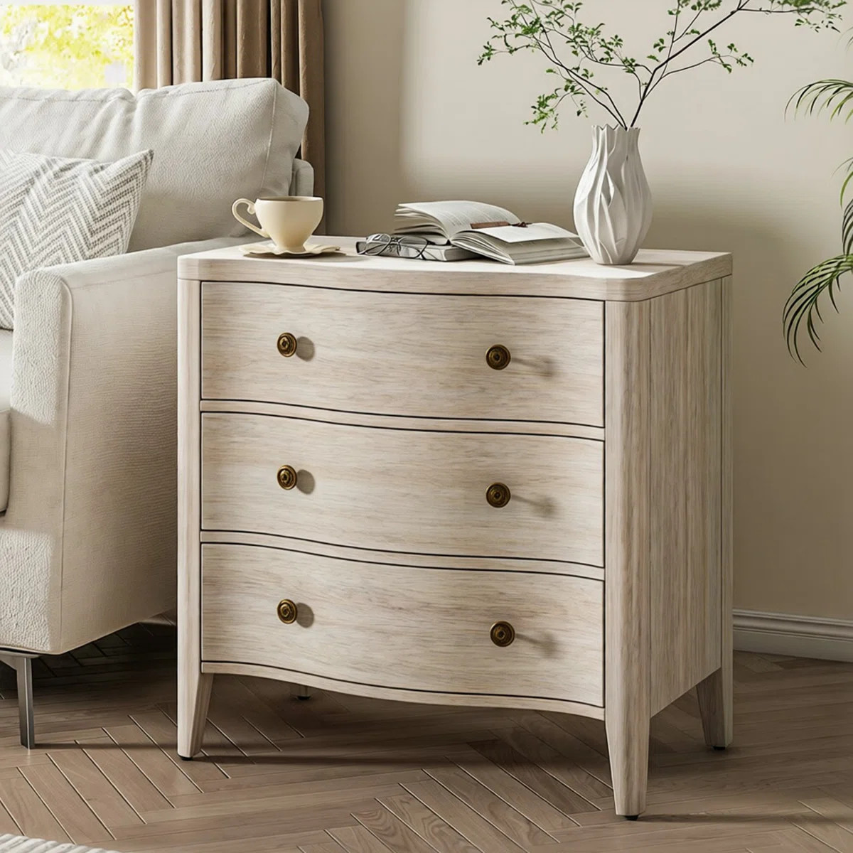 Andrile 27'' W Transitional 3-Drawer Curved End Table with Charging Station and Solid Wood Legs | Wayfair North America