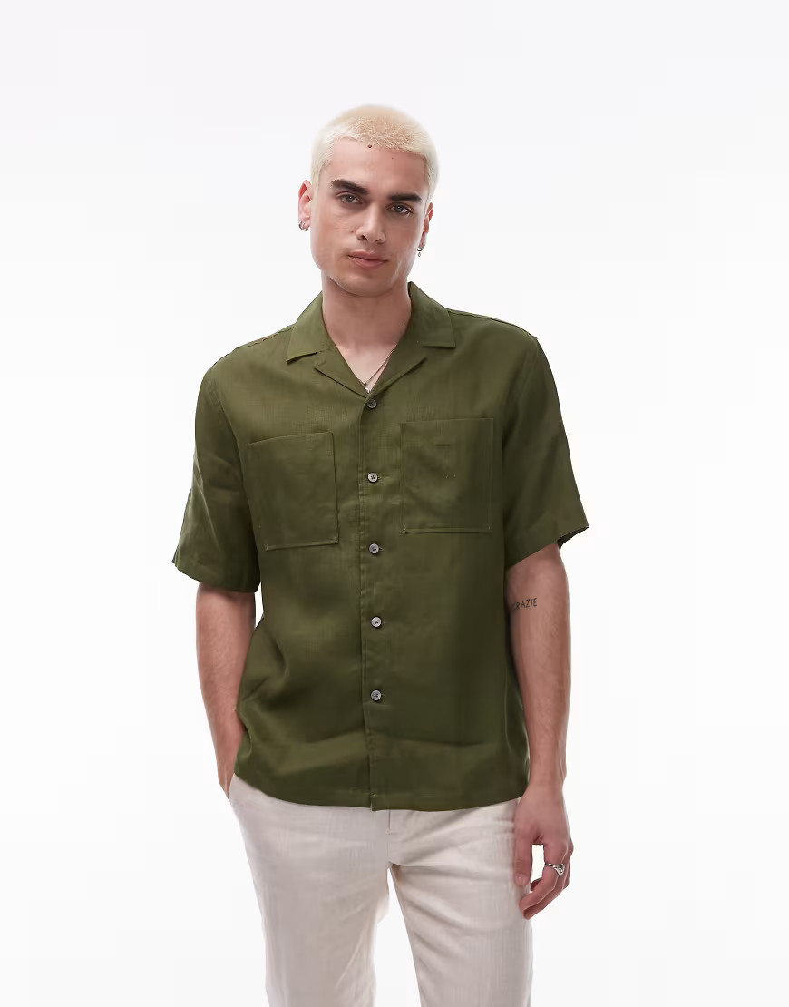 Mango premium linen short sleeve shirt in green | ASOS (Global)