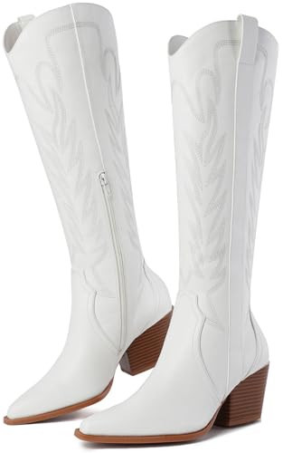 Susanny Knee High Cowboy Boots for Women Embroidered Western White Cowgirl Boots for Womens Chunky Heel Pull on Pointed Toe Mid Low Heel Boots 9.5 | Amazon (US)