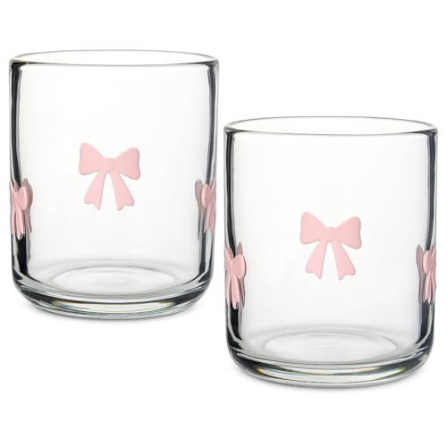 Skylety 2 Pack Bow Icon Juice Glass Coquette Bow Aesthetic Cup 14 ounce Double Old Fashioned Icon Handblown Cocktail glasses for Women Friend Party(Pink,Classic) | Amazon (US)