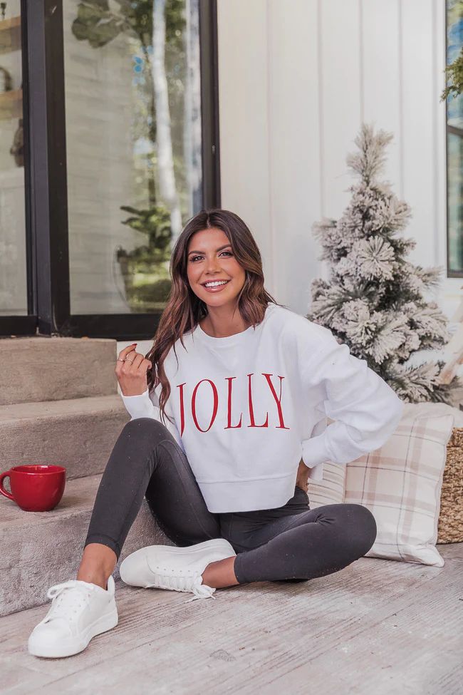 Jolly Varsity White Cropped Corded Graphic Sweatshirt | The Pink Lily Boutique