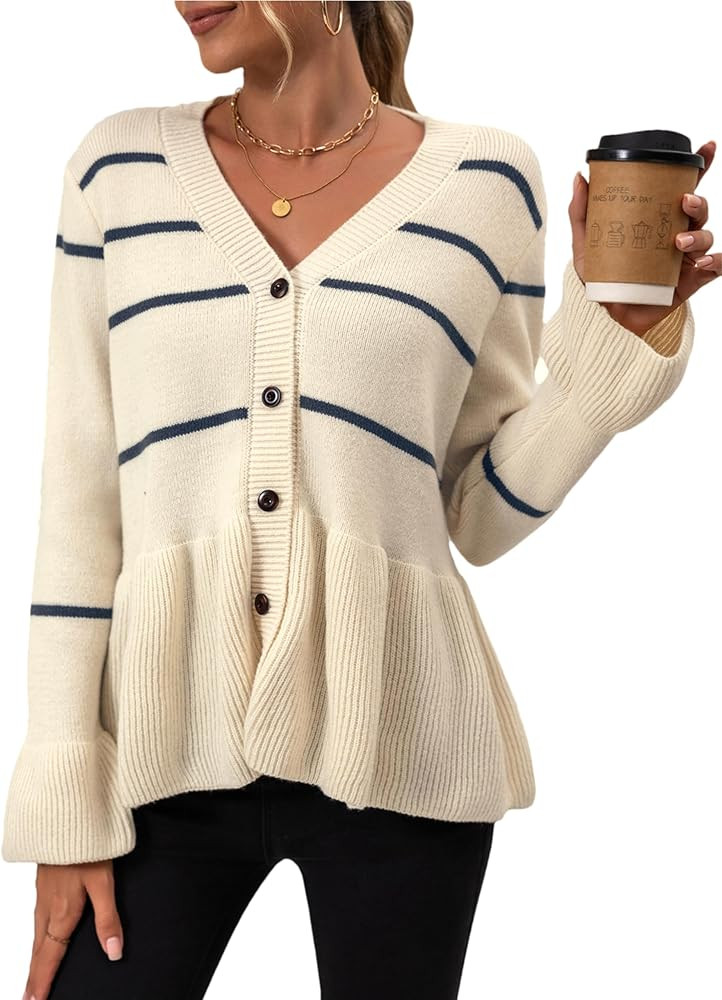 Mingzhu Women's Striped Cardigan Sweaters Long Sleeve Button Down Cropped Knit V Neck Casual Pepl... | Amazon (US)