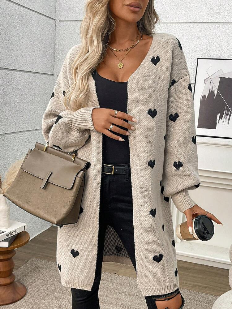 Plus Size Casual Heart Pattern Contrast Color Knit Cardigan Sweater | SHEIN