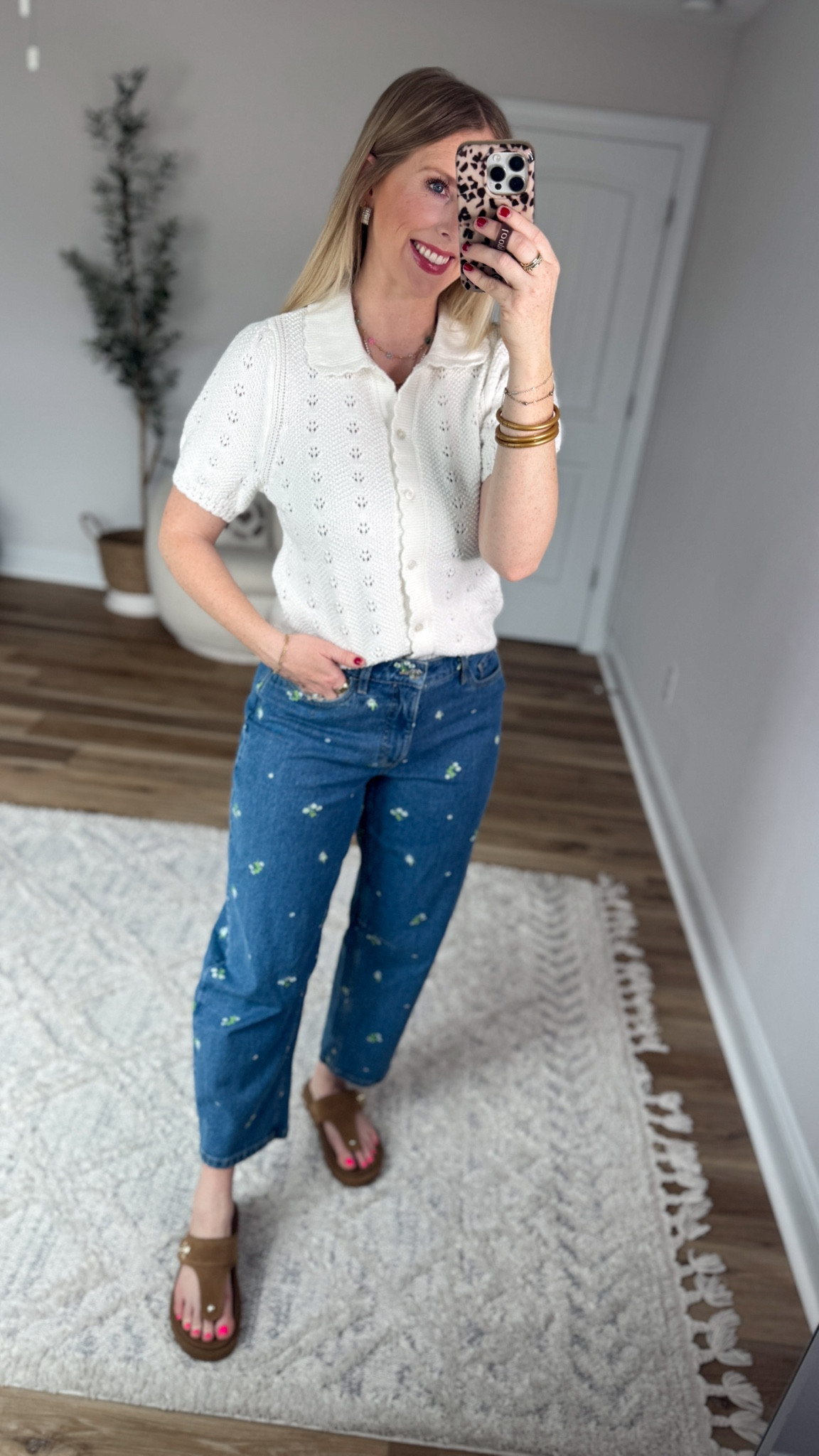 Daily try on, Walmart outfit, Walmart fashion, Walmart try on, floral jeans, short sleeve sweater 

#LTKgrwm #LTKootd