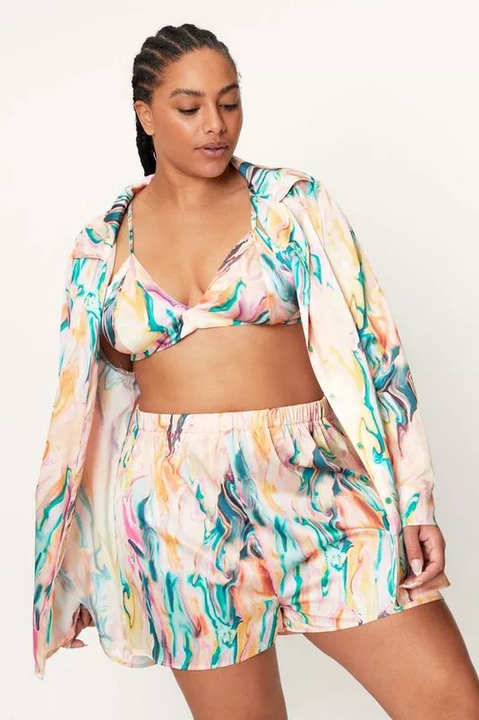 Plus Satin Marble 3 Piece Shorts Pajama Set | Nasty Gal (US)