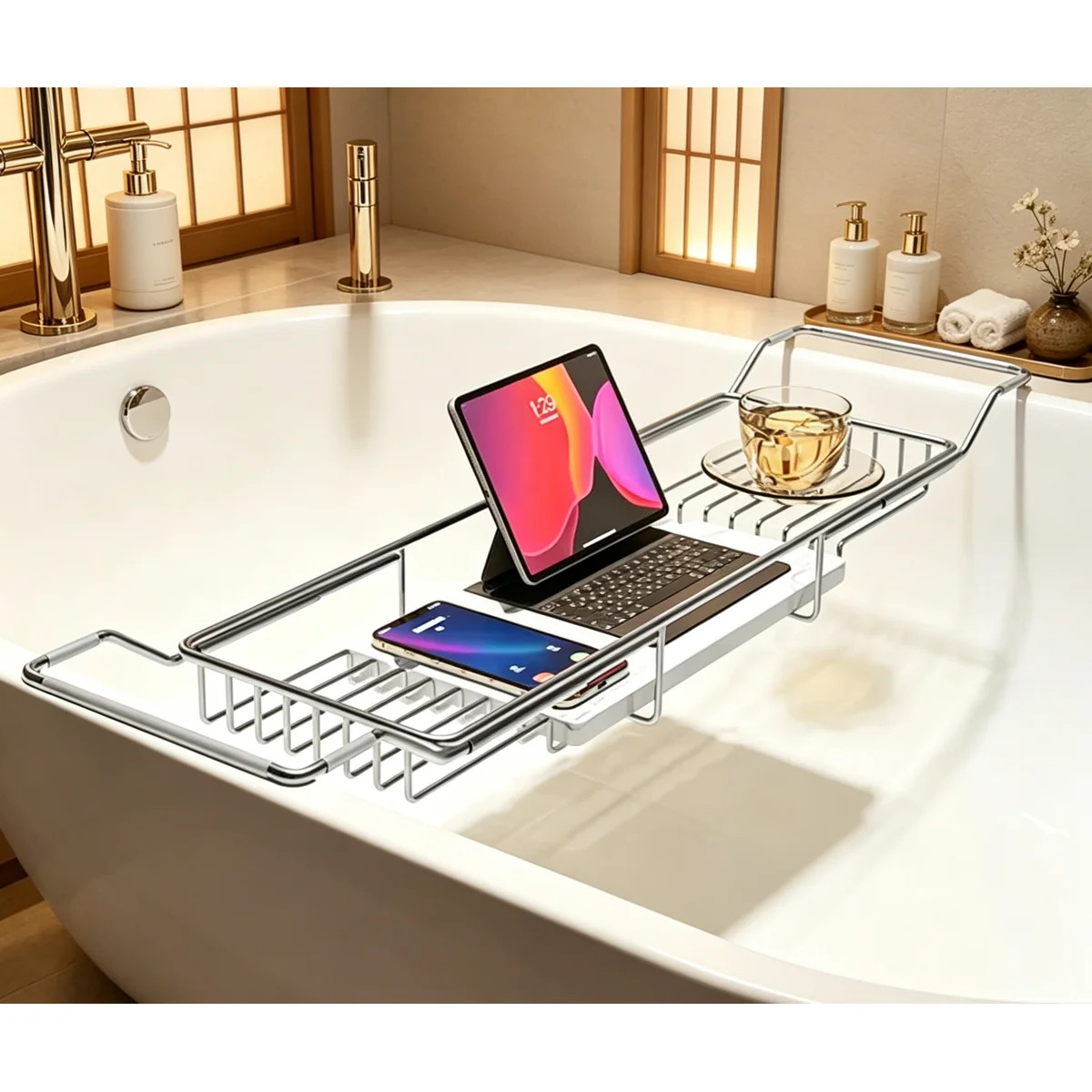 Bathtub Tray Stainless Steel with Marble Base, Adjustable Rustproof Bath Caddy for Spa Relaxation... | Wayfair North America