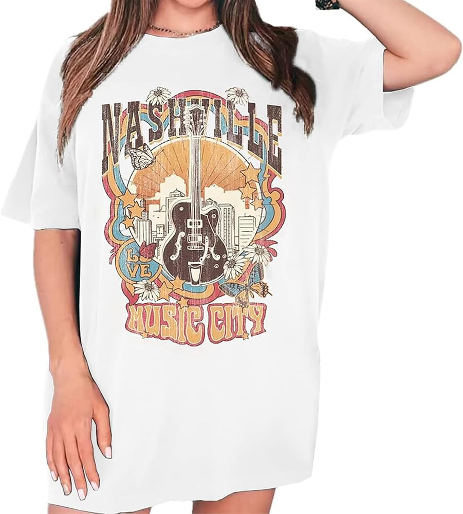 GEMLON Womens Nashville Music City T-Shirt Vintage Country Concert Tee Graphic Oversized Tshirt S... | Amazon (US)