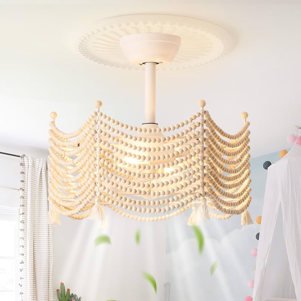 luansky 20 Inch Boho Wooden Beaded Ceiling Fan with Light, White Coastal Fandelier Ceiling Fan wi... | Amazon (US)