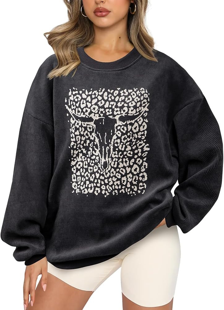 UNIQUEONE Boho Cow Skull Sweatshirt Women: Oversized Vintage Western Rodeo Graphic Tee Country Co... | Amazon (US)