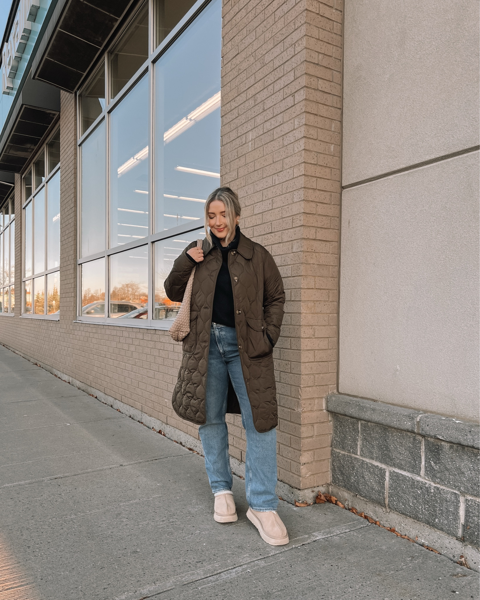 Casual fall to winter outfit - wearing my usual L in the long quilted barn jacket (50% off in the US!), wearing XL in the black turtleneck sweater, but could have done L. Wearing 32 in the Abercrombie straight leg jeans. Ugg tazz platforms are super comfy, I’m usually a 9.5-10 and wear a 10. Also linked look for less from Amazon! Midsize fall outfits, neutral outfit 


#LTKsale #LTKmidsize #LTKwinter
