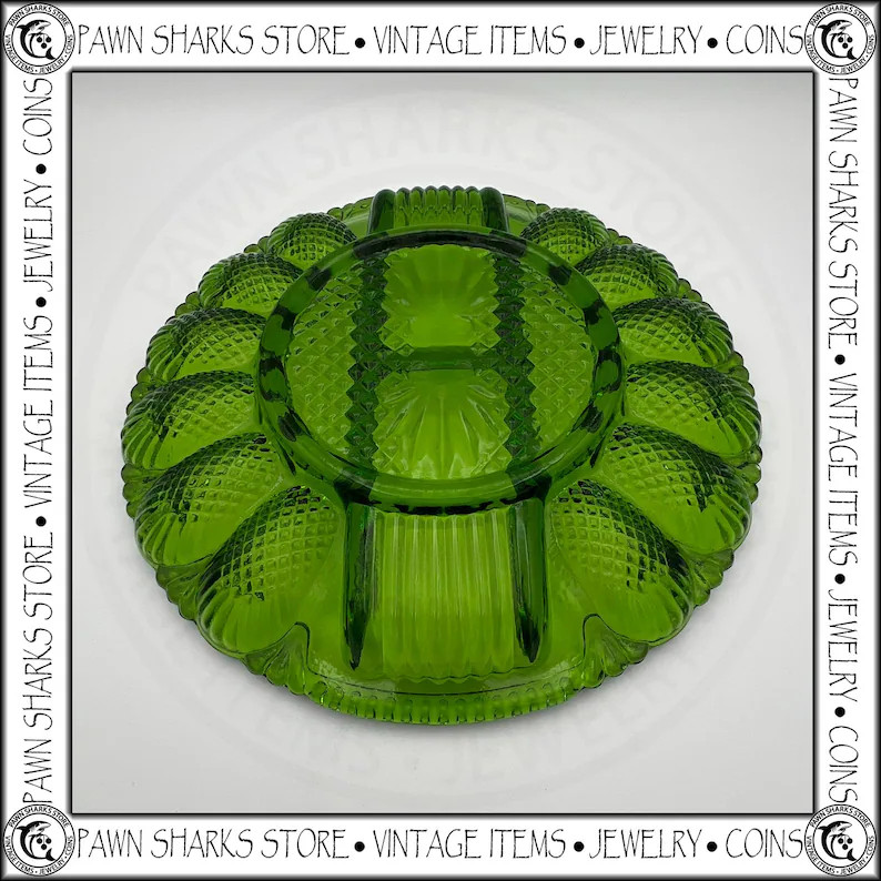 Avocado Green Hobnail Glass Deviled Egg & Relish Sectioned Platter by L.E. Smith | Etsy (US)