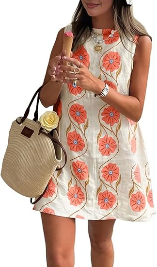 CHARTOU Women 2025 Summer Sleeveless Floral Short Shift Dress Cotton Linen Loose Tank Dress | Amazon (US)