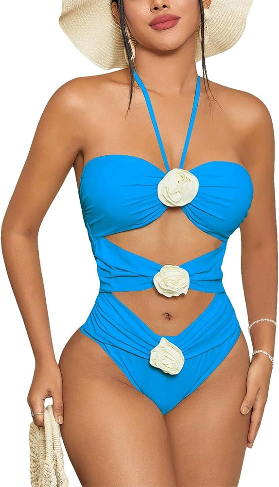 Women's Halter Neck 3D Flower Decoration Sexy One-Piece Cut Out Swimsuit Bathing Suit | Amazon (US)