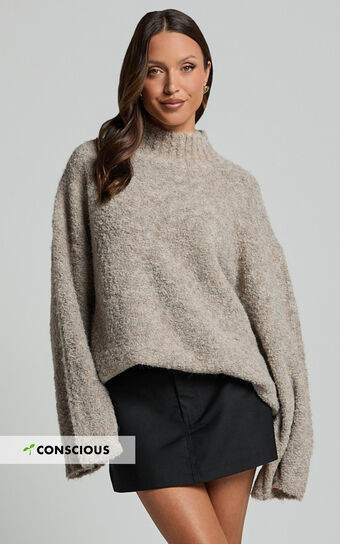 Santi Jumper - Oversized Recycled Knitted High Neck Jumper in Beige Marl | Showpo (US, UK & Europe)