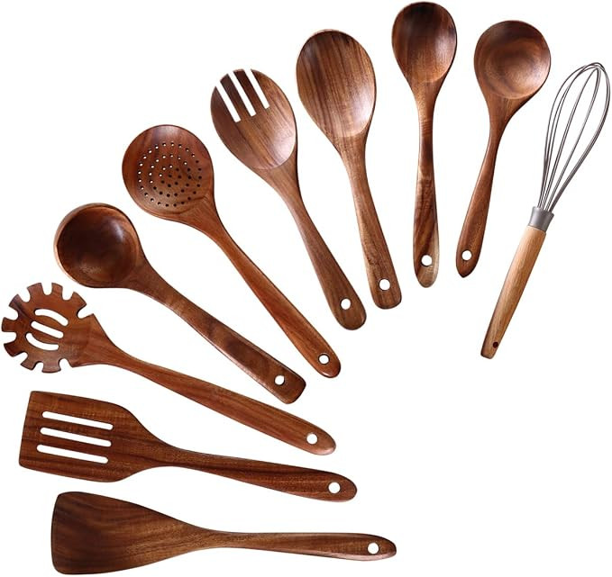 Wooden Spoons for Cooking, 10 Pcs Wooden Utensils for Cooking, NAYAHOSE Natural Teak Wood Spoons,... | Amazon (US)