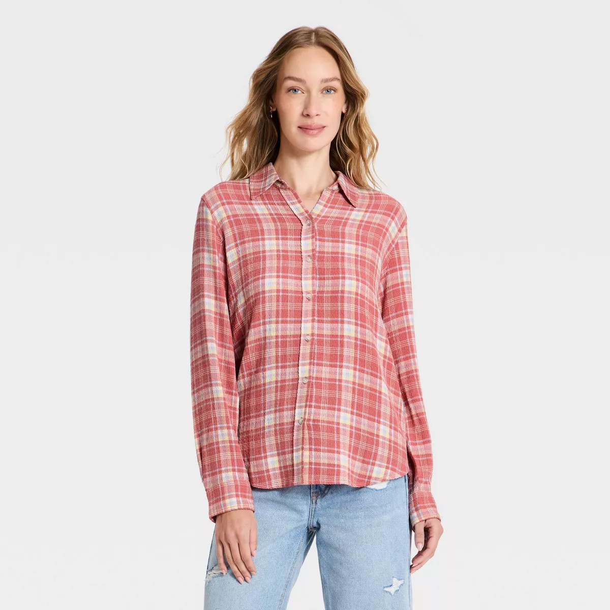 Women's Long Sleeve Pointed Collar Button-Down Shirt - Universal Thread™ Pink Plaid XS | Target