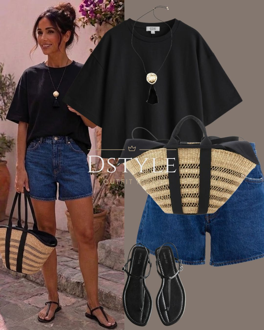 Easy everyday summer casual look 🖤 Black oversized COS tee paired with high-waisted denim shorts, a woven straw basket bag, and black sandals.

#LTKootd