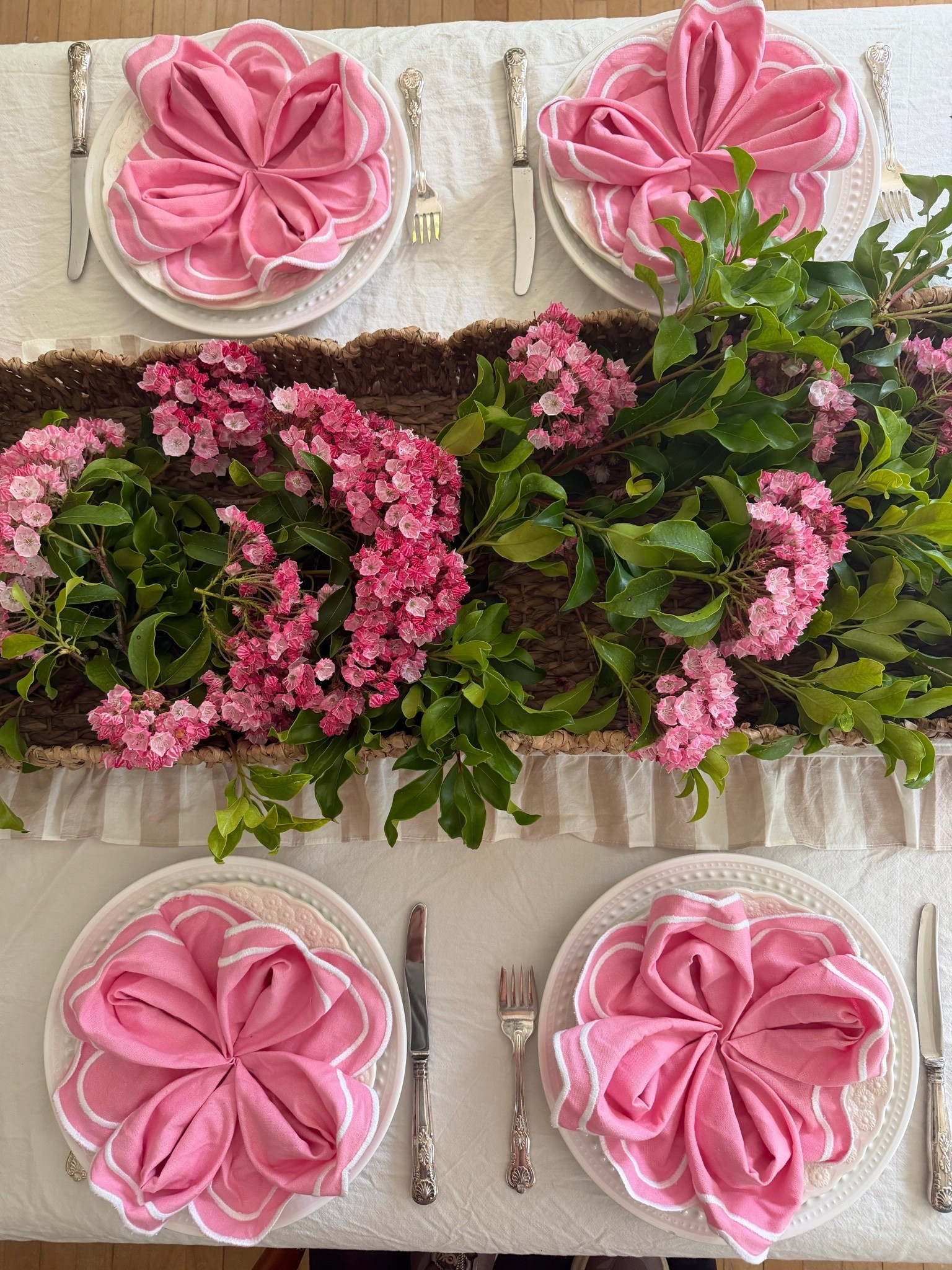 A table set for the beauty of my mountain laurel flowers. 
#mountainlaurel #pinktablescape #flowernapkins

#LTKdayinmylife #LTKmomlife #LTKHome