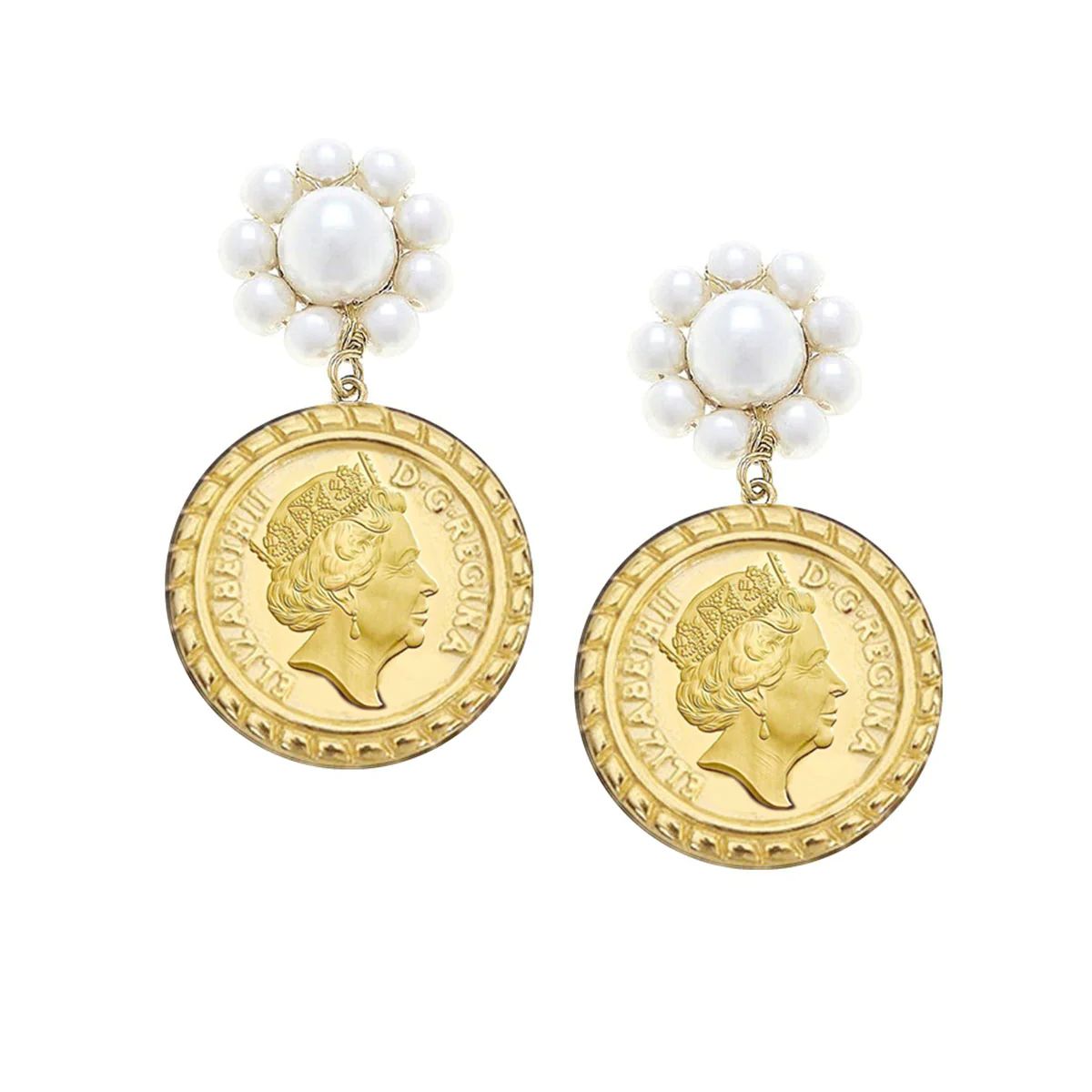 Queen Elizabeth Coin Pearl Drop Earrings in Worn Gold | CANVAS