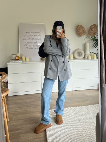 Styling ugg Tasman slippers for everyday in autumn fall, styled with wool grey blazer and black cap for off duty vibes with weekday rowe jeans straight leg blue denim and ego ugg dupes! 

#LTKstyletip #LTKfindsunder100 #LTKeurope