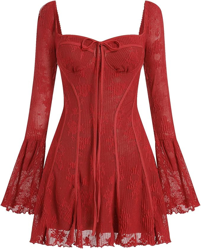 Women's Short Corset Y2k Mini Dress Long Sleeve Low Cut Lace Dress Vintage Solid Floral Party Dre... | Amazon (US)