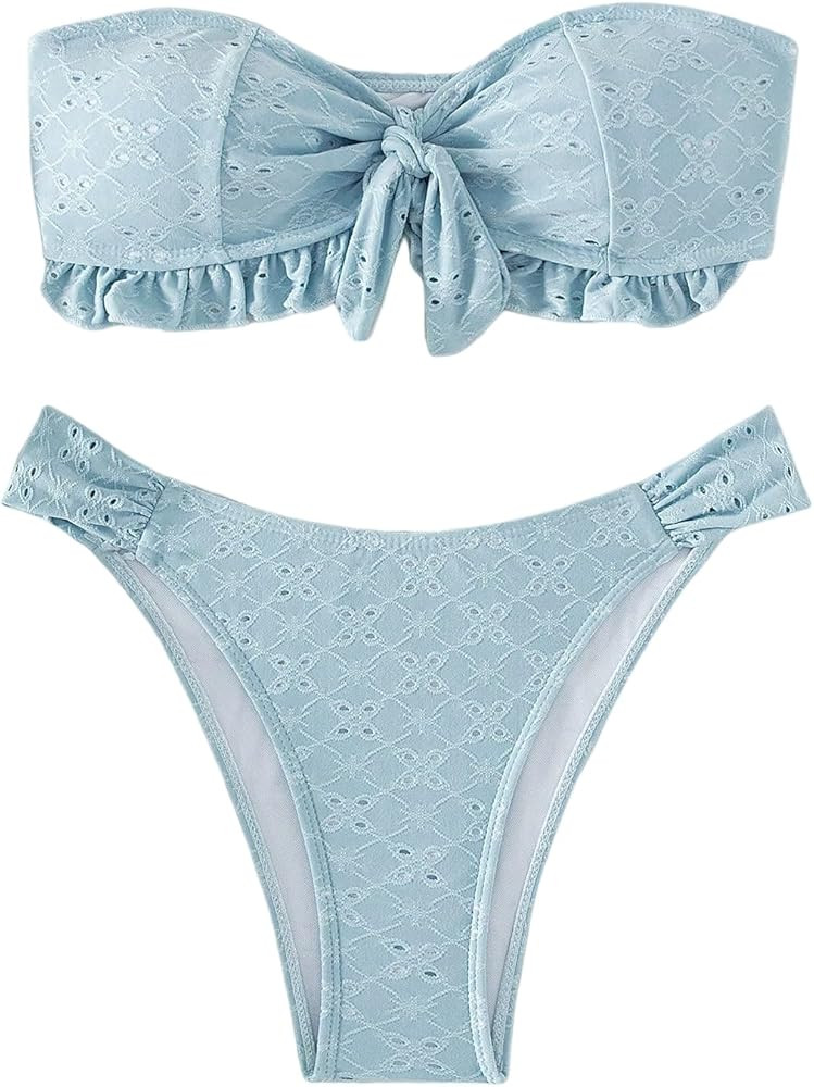 WDIRARA Women's Ruffle Knot Front Bandeau Bikini Set 2 Piece Strapless Swimsuit | Amazon (US)