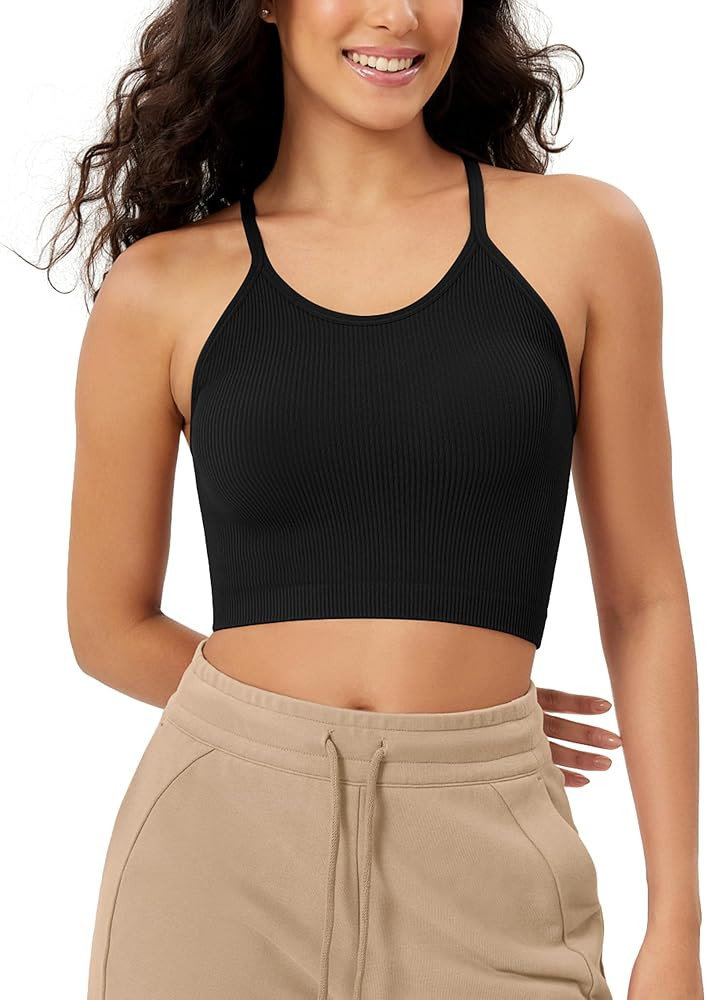 ODODOS Women's Crop Seamless Rib-Knit Camisole Strappy Racerback Cropped Tank Tops | Amazon (US)