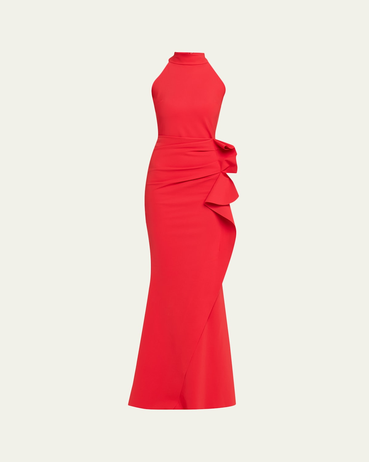 Side Ruched Halter Gown with Asymmetric Ruffle | Bergdorf Goodman