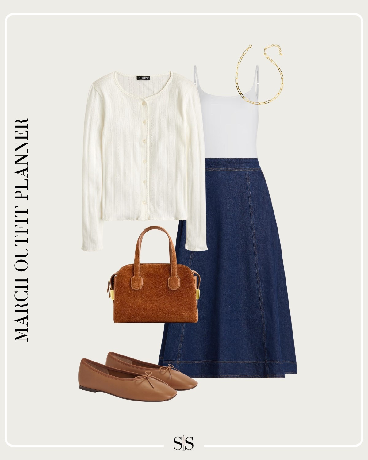 Monthly outfit planner MARCH: Winter to Spring transitional looks | pointelle cardigan, bodysuit, denim skirt, ballet flats, suede handbag

#springoutfit

#LTKStyleTip