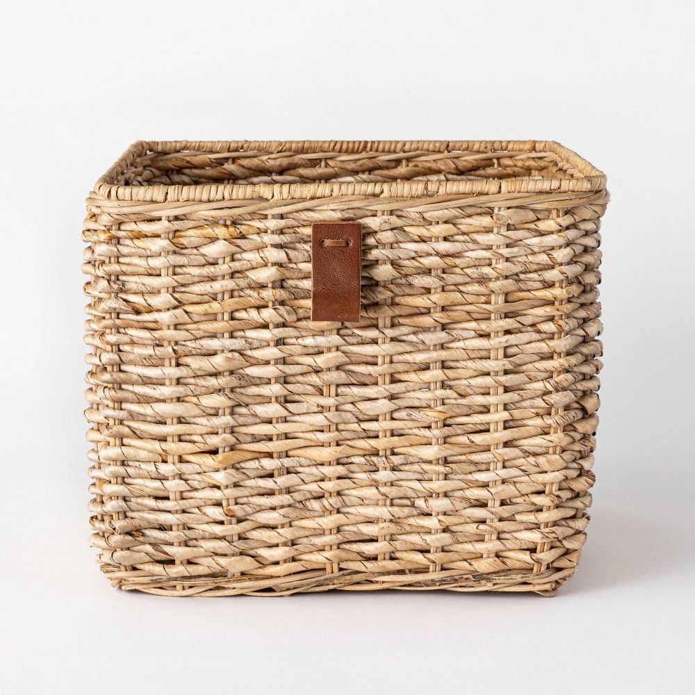 Decorative Cube Basket with Leather Pull 13"" x 11"" White - Threshold designed with Studio McGee | Target