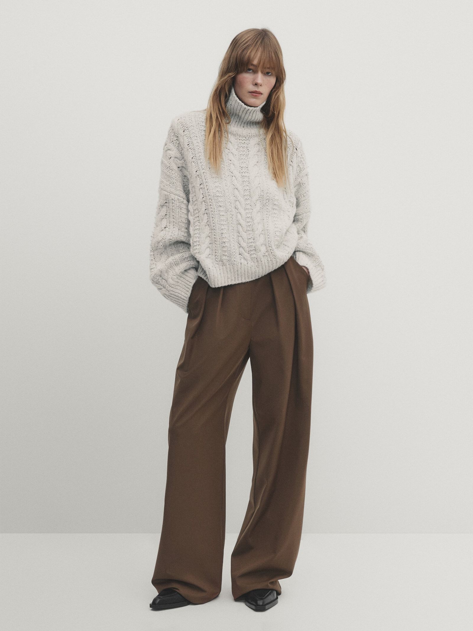 Knickerbocker yarn cable-knit sweater with a high neck | Massimo Dutti (US)