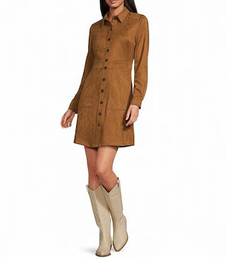 A Loves A Faux Suede Button Front Long Sleeve Mini Shirt Dress | Dillard's | Dillard's