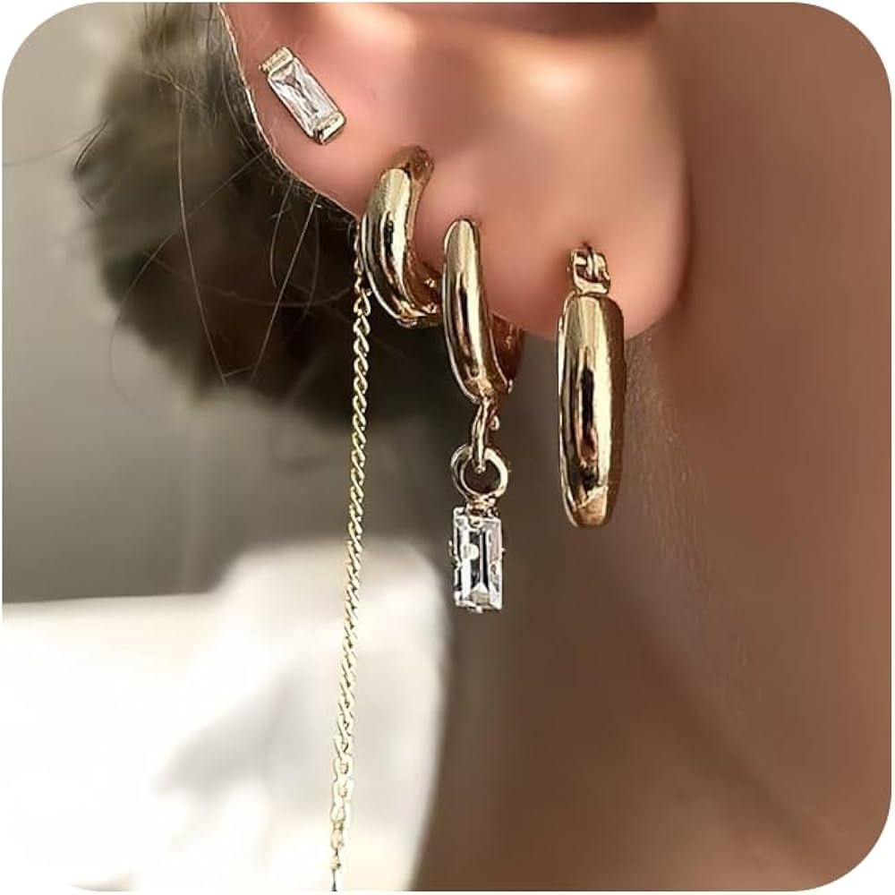 4 Pairs 14k Gold Plated Dangle Earrings - Gold Hoop Earrings for Women - Hypoallergenic Cartilage... | Amazon (US)