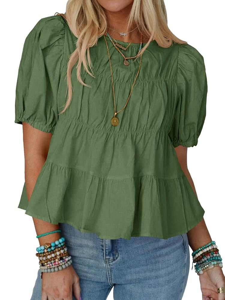 Tankaneo Womens Puff Sleeve Peplum Babydoll Tops Summer Smoked Pleated Cotton T-Shirts Casual Loo... | Amazon (US)