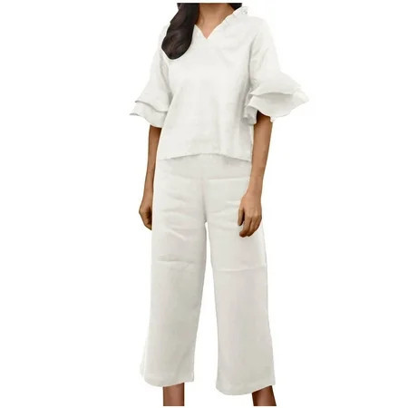 Spring Sets for Women 2024 Womens Sets 2 Piece Outfits Summer Clothing Set Female V-Neck Short Sleeve Tops Pants Sets Long Pant Style S_295 Women s Tracksuits Beige M | Walmart (US)