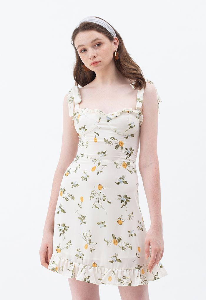 Cutie Lemon Branch Printed Tie-Strap Mini Dress | Chicwish