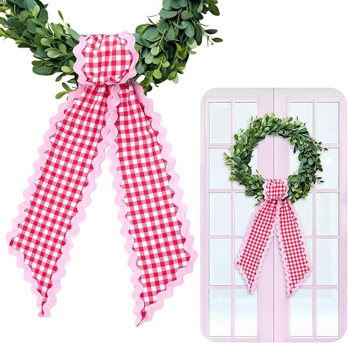 Whaline 2Pcs Wreath Sash for Front Door White Red Plaid Garland Ribbon for Holiday Wedding Birthd... | Amazon (US)