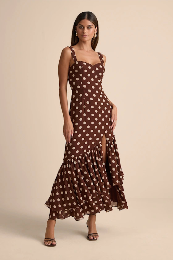 Raynelle Brown Polka Dot Lace-Up Tiered Maxi Dress | Lulus