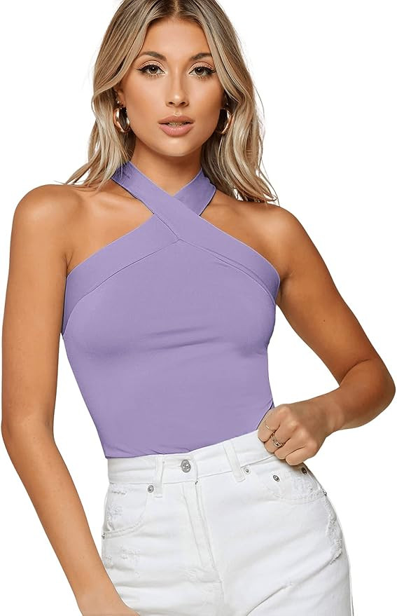 Floerns Women's Solid Criss Cross Halter Sleeveless Tee Shirt Top | Amazon (US)