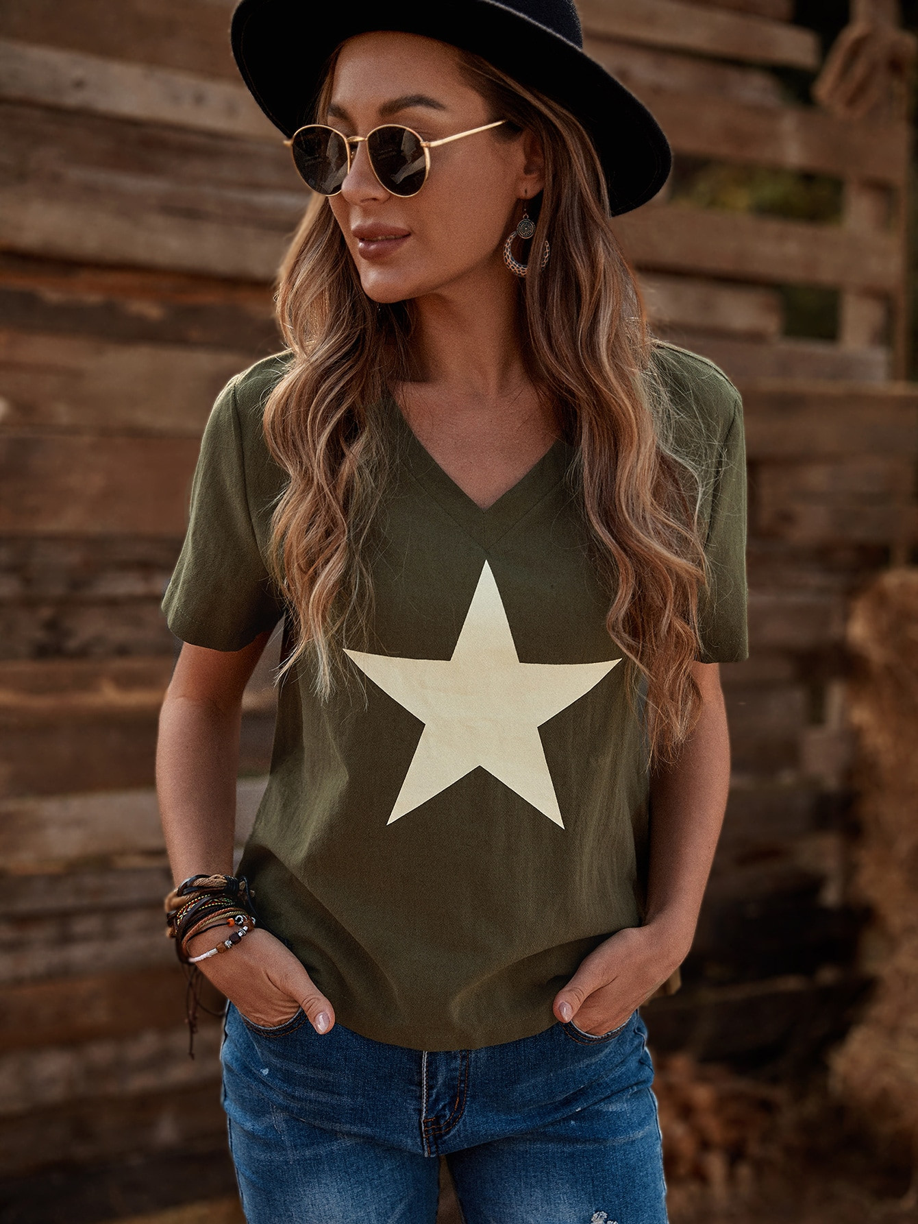 NEWEMERY ROSE V-neck Star Print Blouse | SHEIN