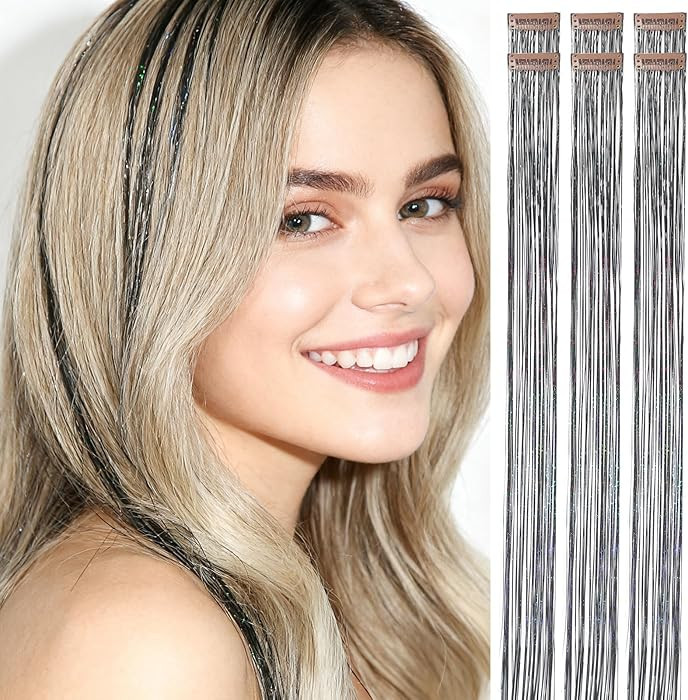 Pearl Black Hair Tinsel,Clip in,75 Strands 24 Inches,Heat Resistant,Glitter Hair Strands for Wome... | Amazon (US)
