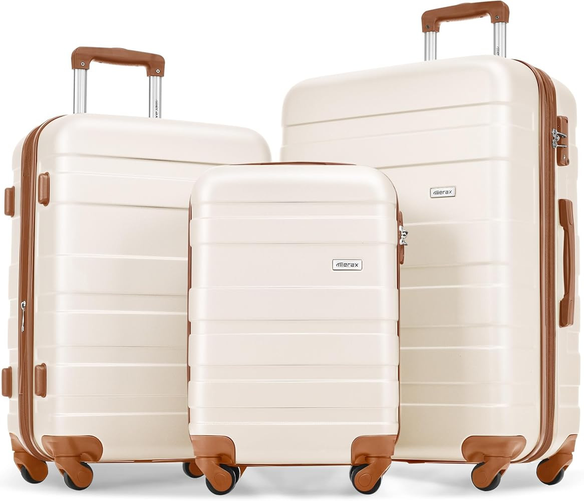 Merax 3 Pcs ABS Hardside Luggage Set Spinner Wheel Suitcase TSA Lock, Brown/Ivory, 20/24/28 Inch | Amazon (US)