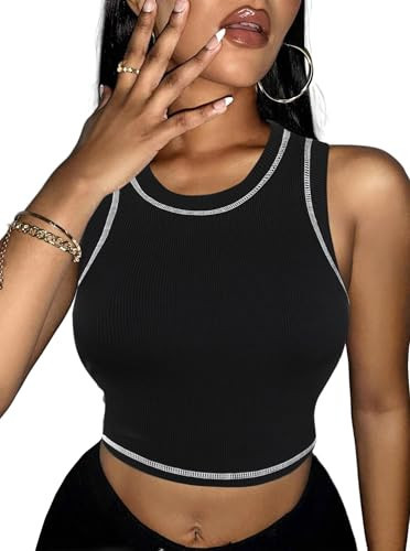 Hilinker Womens Ribbed Knit Tank Tops Sleeveless Funny Crop Top Crew Neck Cute Summer Shirt Black B X-Large | Amazon (US)