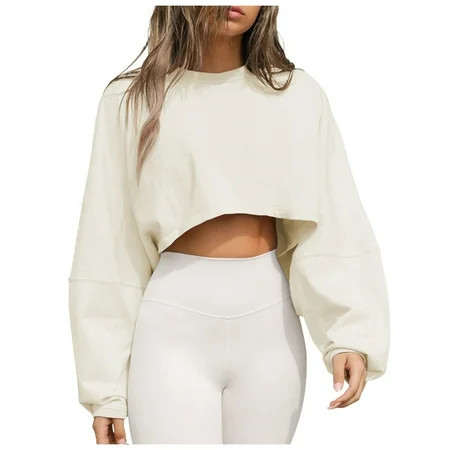 BECLOTH Women Long Sleeve Crewneck Crop Top Tee Shirt Sweatshirt Casual Solid Loose Fit Fit Workout Cropped Pullover Tshirt | Walmart (US)